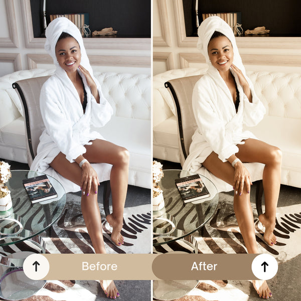 A before-and-after comparison of a portrait using Golden Glow Melanin Lightroom Presets.
